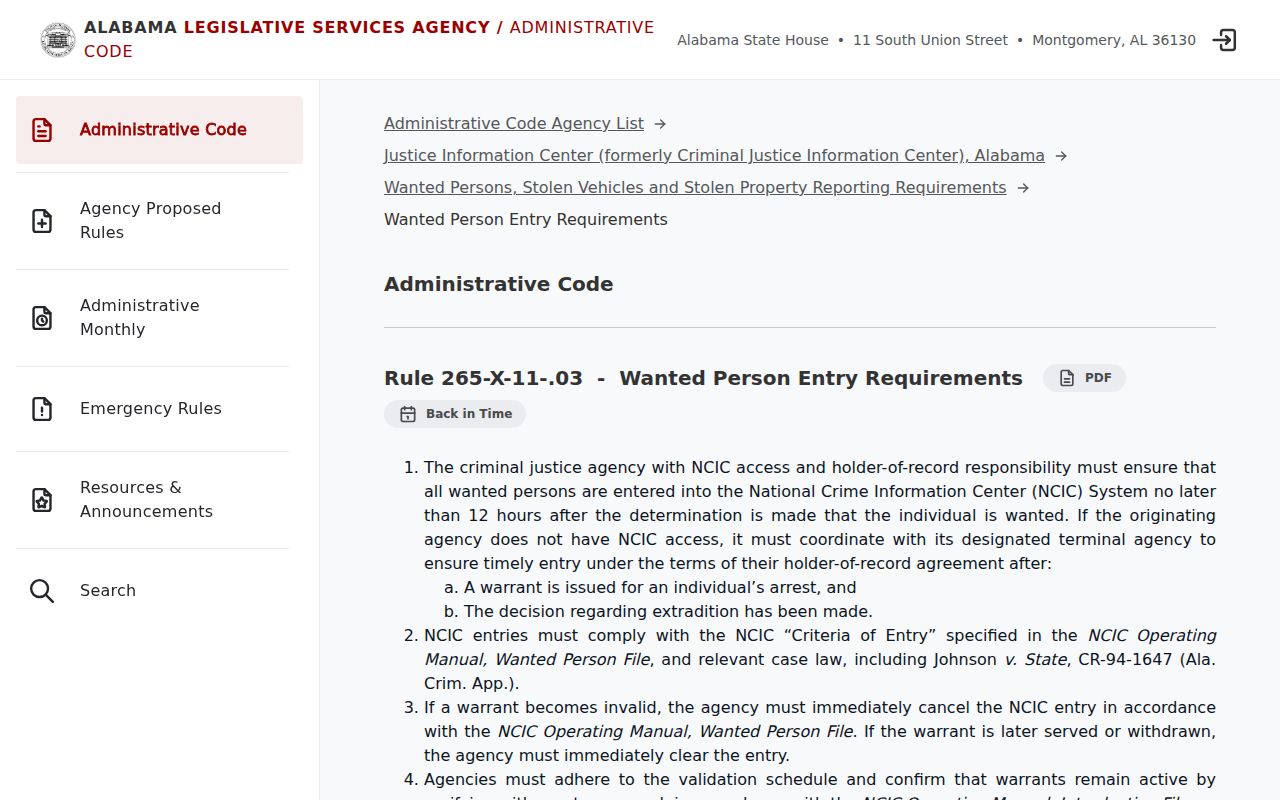 Alabama current wanted-person reporting rule