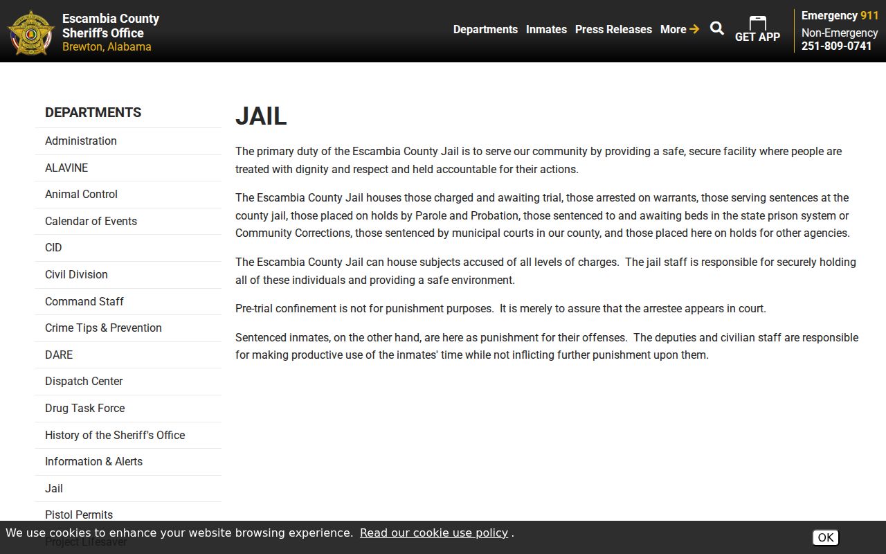 Escambia County Sheriff's Office jail information page