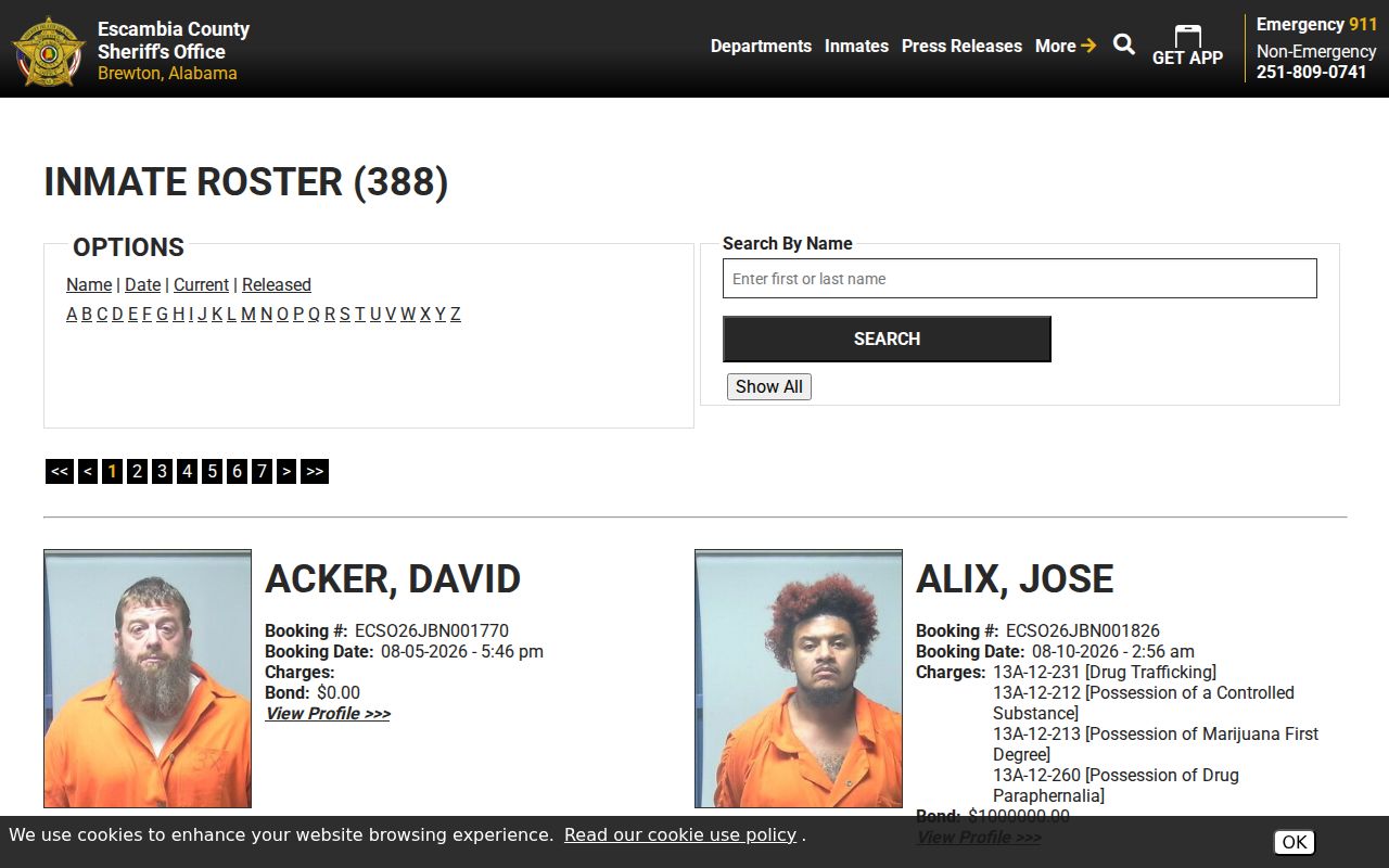 Escambia County Sheriff's Office roster search controls